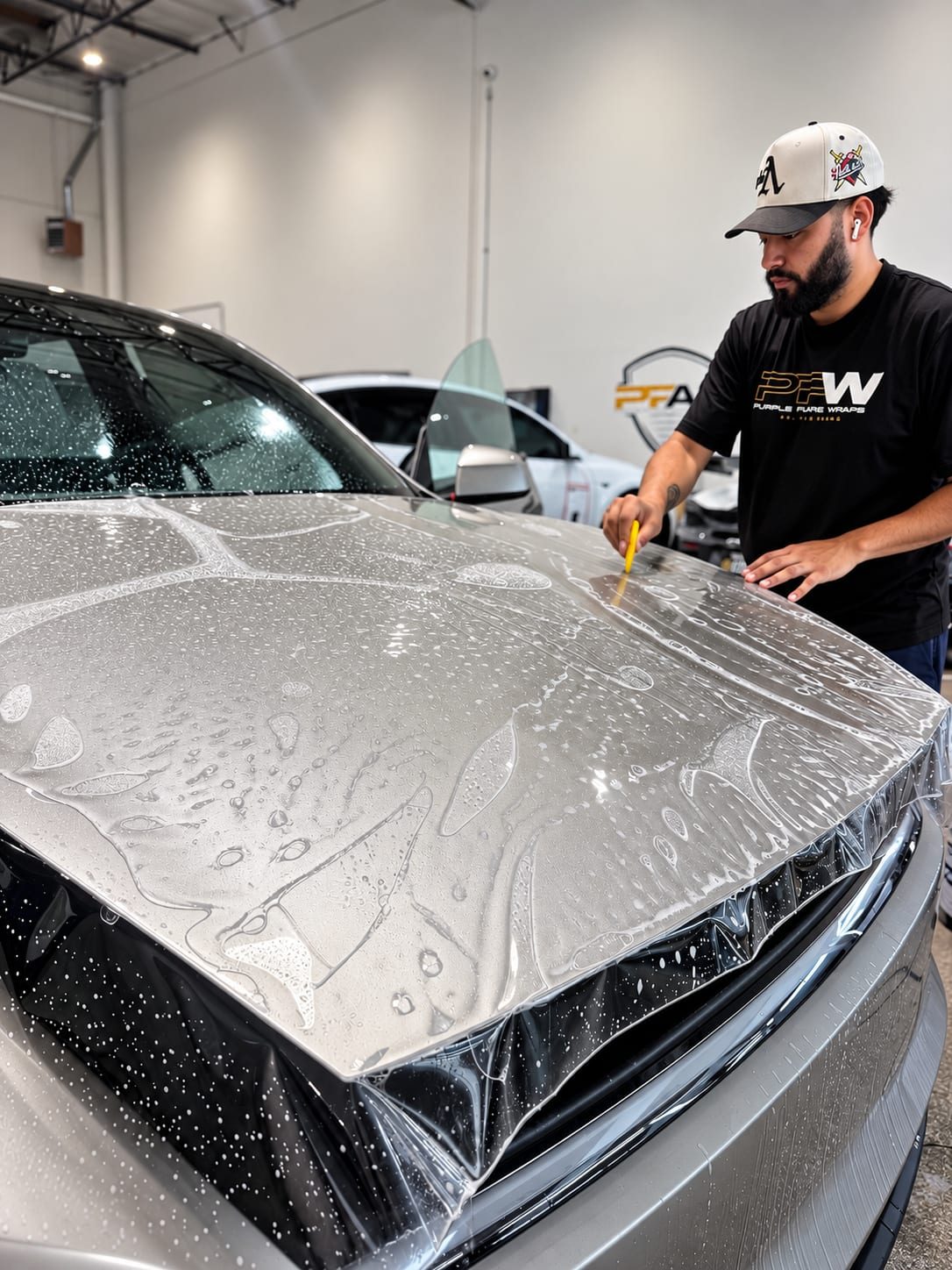 Paint Protection Film Being Installed On A Tesla Model Y Hood